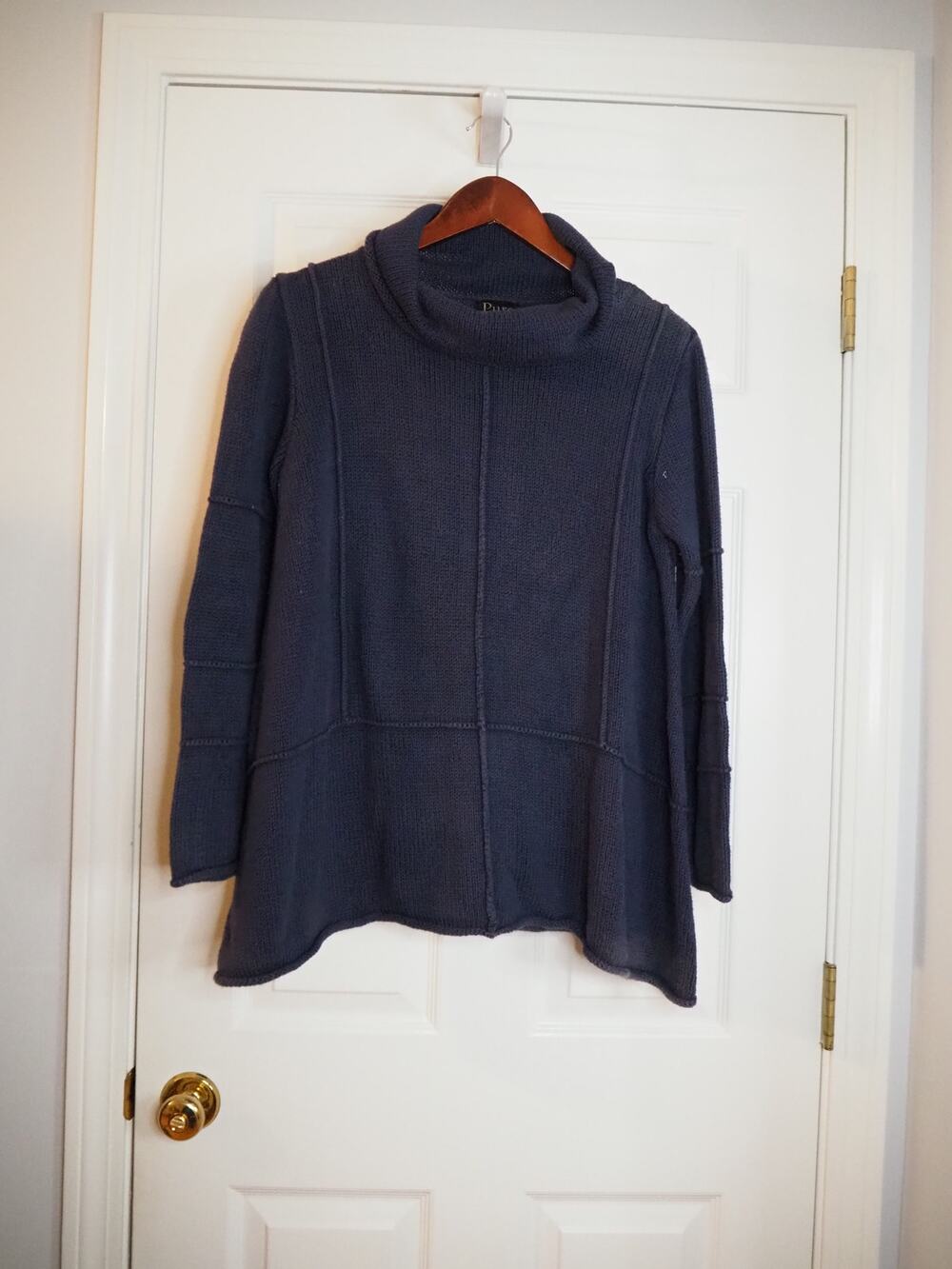 Pure Handknit Sweater S/M Navy Cotton Cowl Neck Tunic Sharkbite Hem Exposed Seam